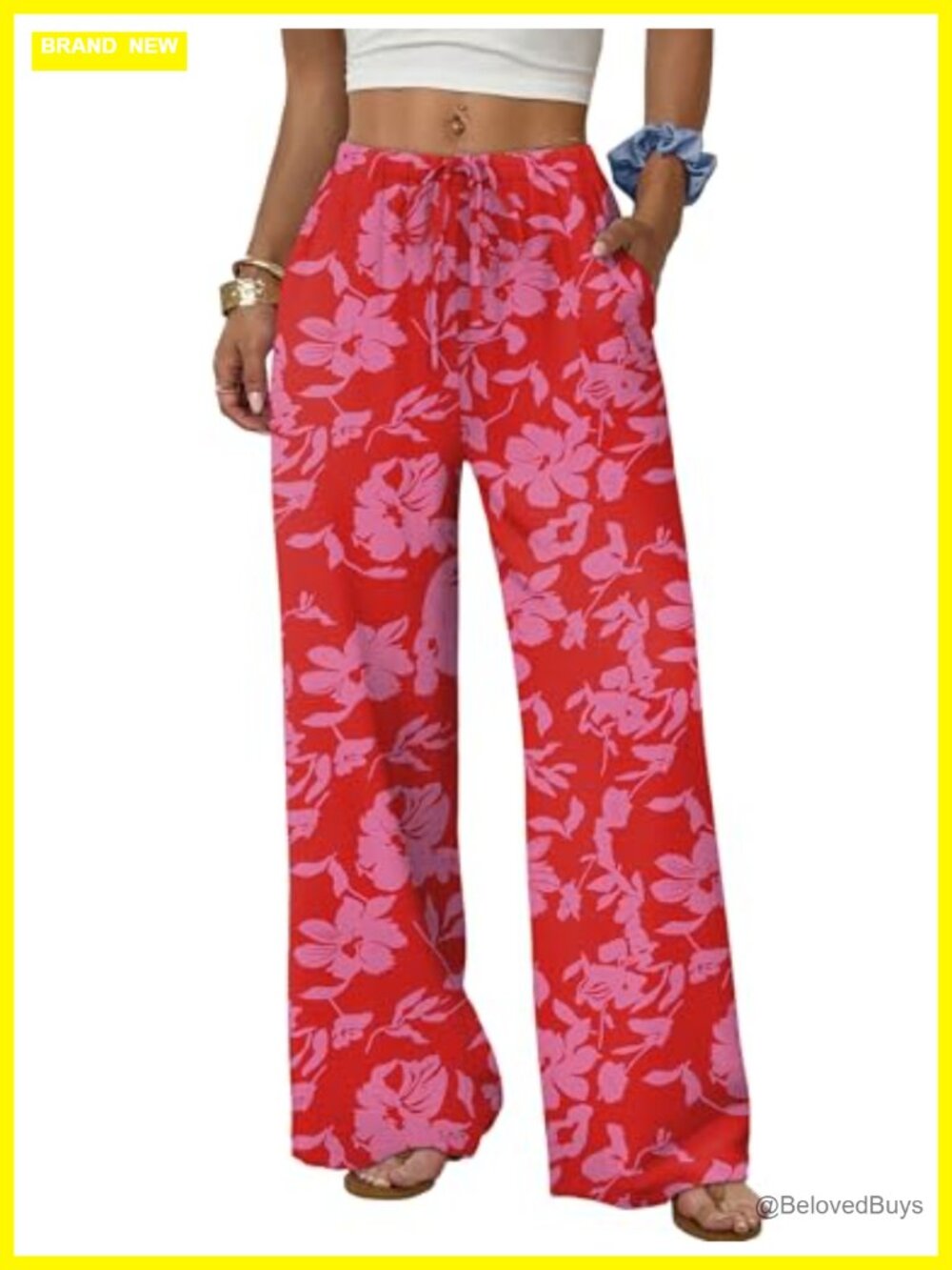 Wide Leg Palazzo Pants Drawstring Elastic Waist Trousers with Pockets